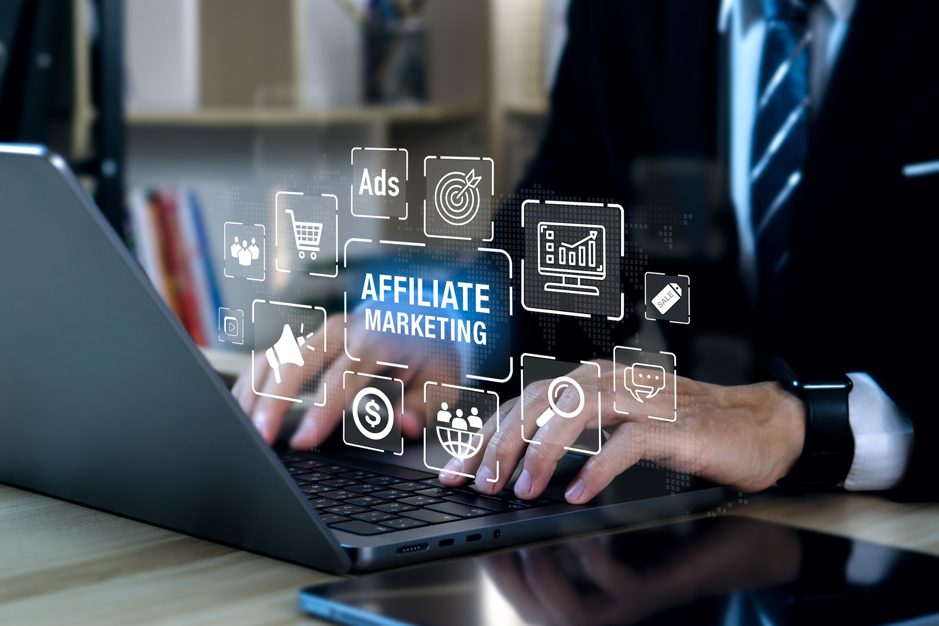 Affiliate marketing concept. Businessman using laptop with affiliate marketing icons. Digital Marketing. Marketing strategies to advertise products and services. New business.