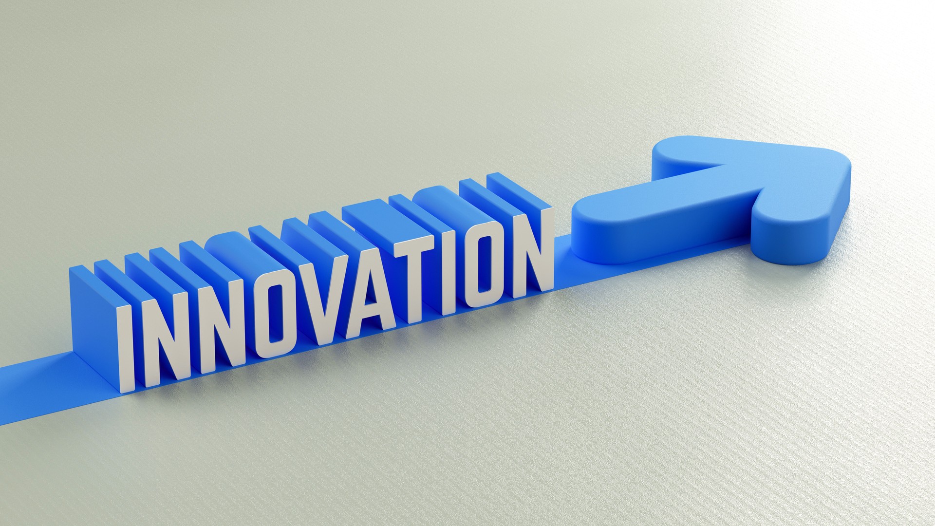 Innovation concept, blue 3D text, arrow shape, light background, minimalist design, forward momentum, business growth, technology advancement, digital art, bright blue color, subtle shadow, 3D render.