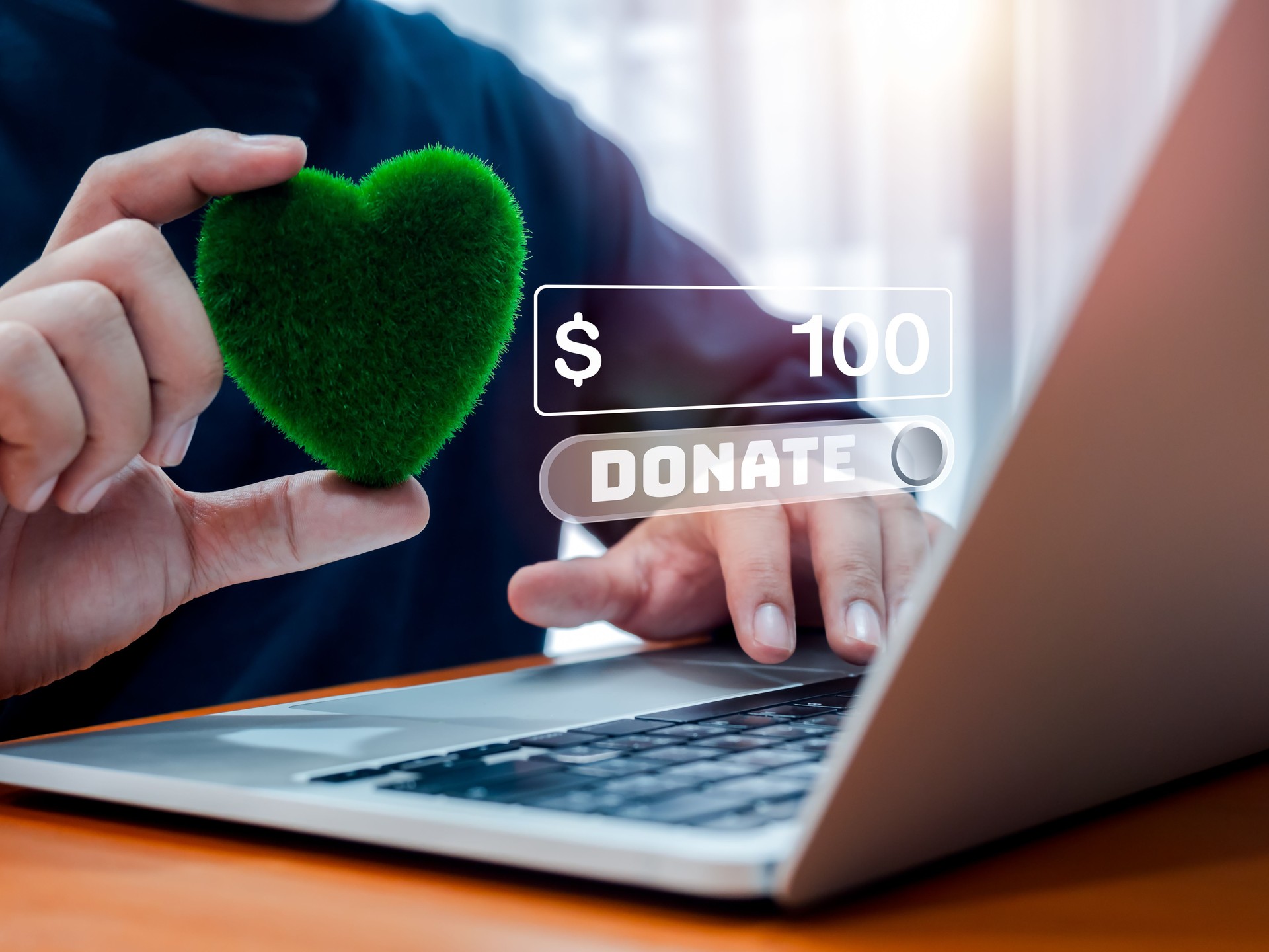 Donation online concept. E-donate, money fill box and donating button on website, virtual display on laptop computer screen, while hand hold green heart. Charity and fundraising and donation web.
