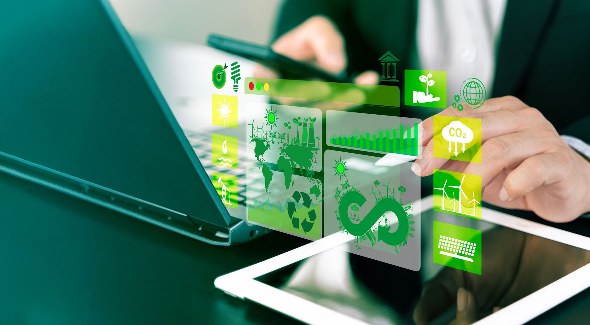 Businessman analyze sustainability investment with icons and Green chart. Concept of ESG
