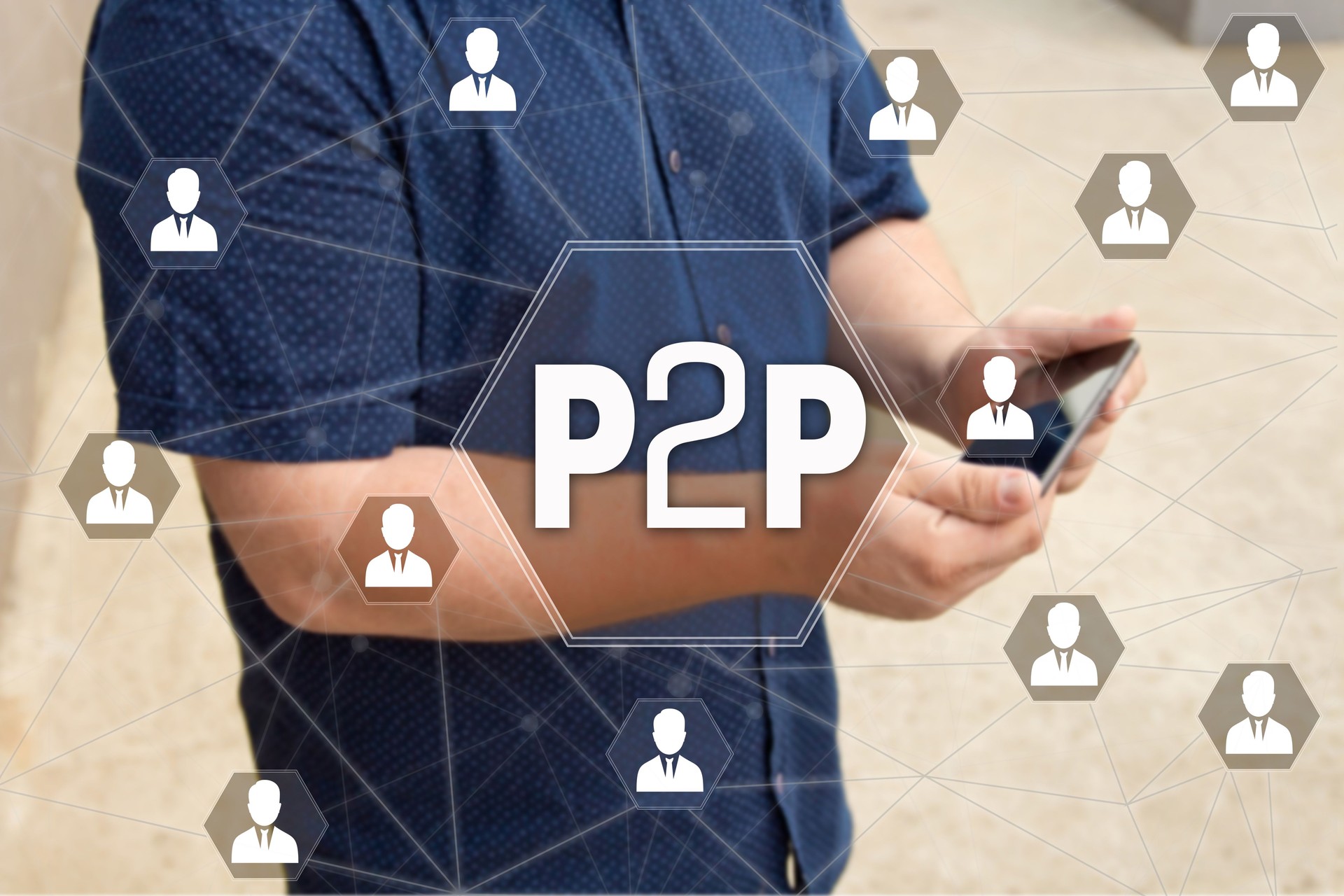 Peer to peer. P2P on the touch screen with a blur background of the businessman with the phone.The concept of Peer to peer, P2P
